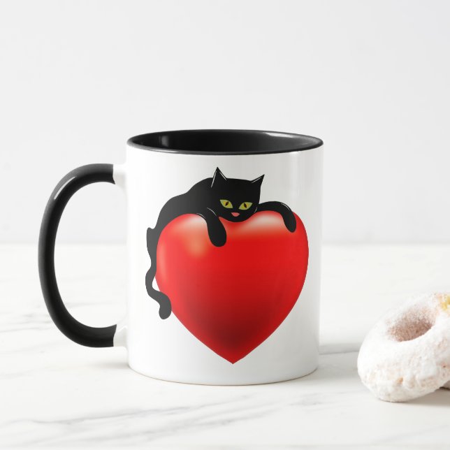 Black Cat Red Heart Valentine Gypsy Tarot Card Mug (With Donut)