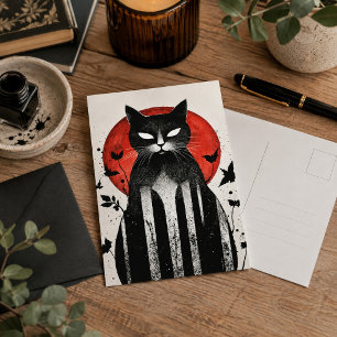 Black Cat Red Moon Gothic Halloween Art Postcard