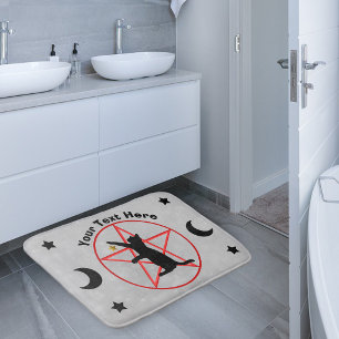 Black Cat Red Pentagram Stars Moons Grey Bath Mat