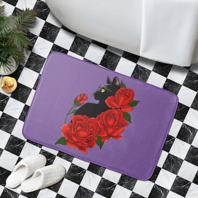 Black Cat Red Roses Purple Bath Mat (Creator Uploaded)