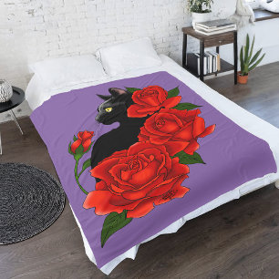 Black Cat Red Roses Purple Fleece Blanket
