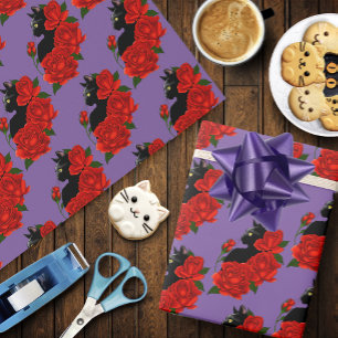 Black Cat Red Roses Purple Wrapping Paper