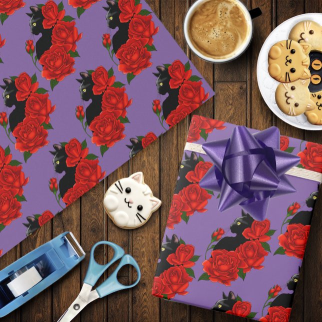 Black Cat Red Roses Purple Wrapping Paper (Creator Uploaded)