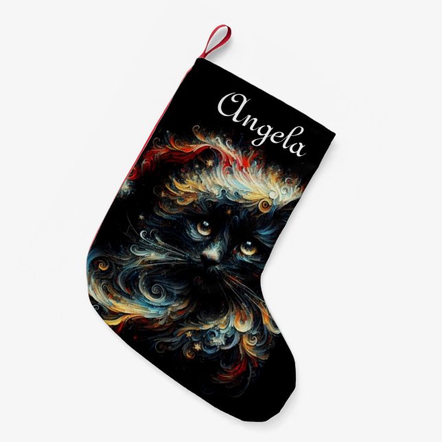 Black Cat Red Santa Christmas Hat Seasonal Holiday Small Christmas Stocking (Front (Hanging))