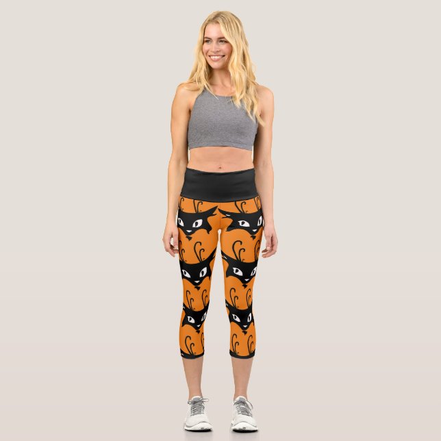 BLACK CAT RETRO PRINT CAPRI YOGA PANTS LEGGINGS (Front)