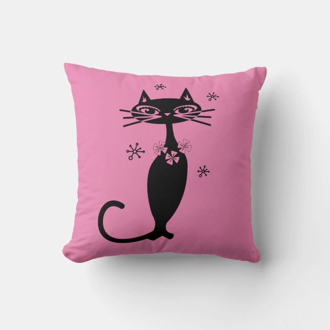 BLACK CAT RETRO THROW PINK PILLOW (Front)