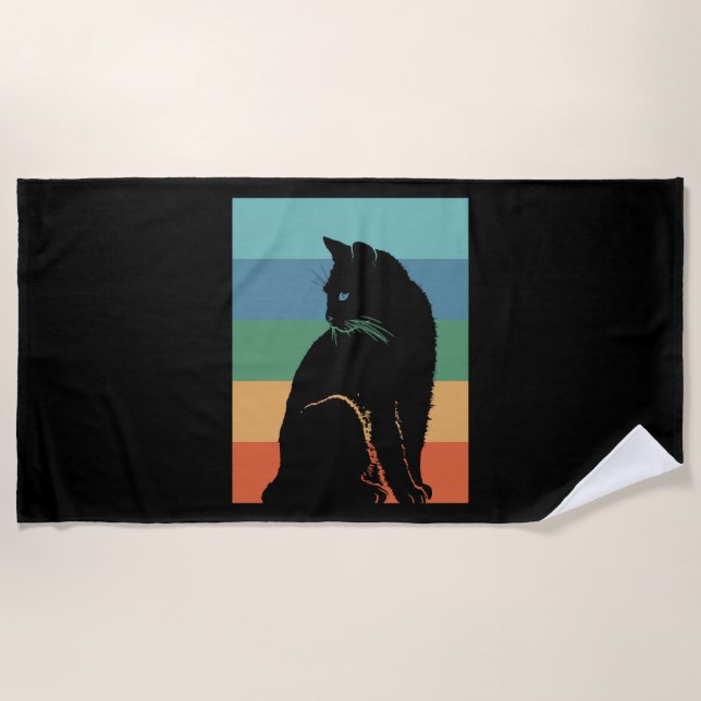 Black Cat Retro Vintage Beach Towel (Front)
