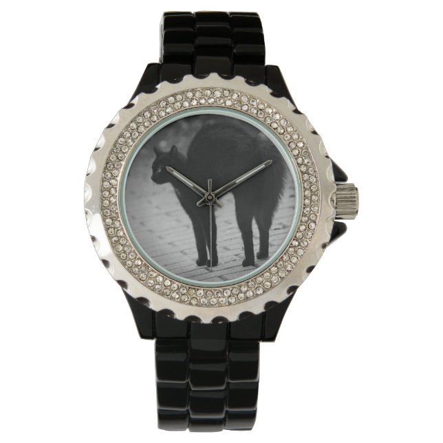 Black Cat Rhinestone Womens Black Wrist Watch (Front)