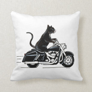 Black Cat Riding A Motorcycle Cushion