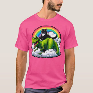Black Cat Riding Dinosaur T Rex Rainbow Clouds Fun T-Shirt