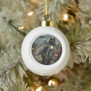 Black Cat Riding Motorcycle Halloween Scary Ceramic Ball Christmas Ornament