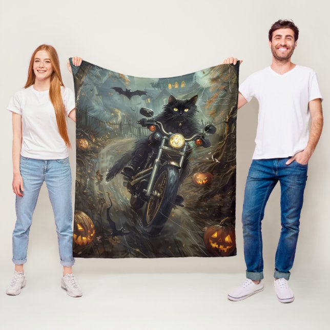 Black Cat Riding Motorcycle Halloween Scary Fleece Blanket (In Situ)