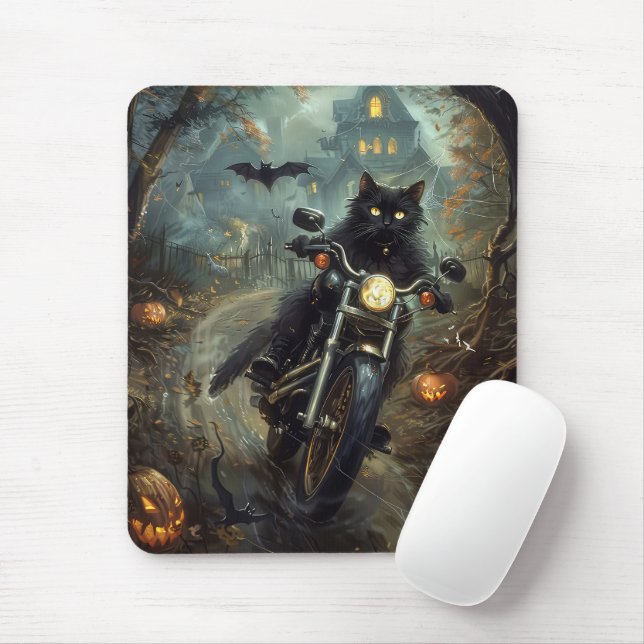Black Cat Riding Motorcycle Halloween Scary Mouse Mat (With Mouse)