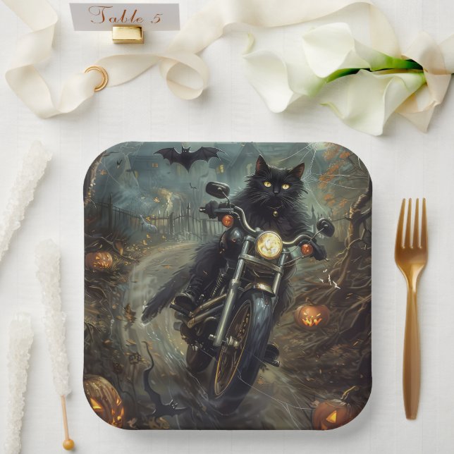 Black Cat Riding Motorcycle Halloween Scary Paper Plate (Wedding)