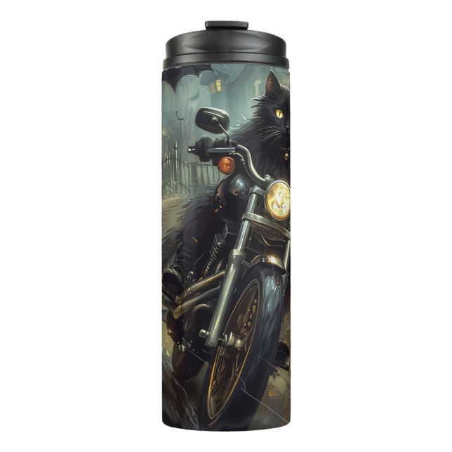 Black Cat Riding Motorcycle Halloween Scary Thermal Tumbler (Front)