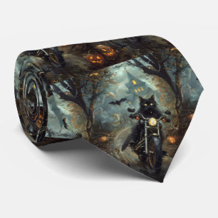 Black Cat Riding Motorcycle Halloween Scary Tie