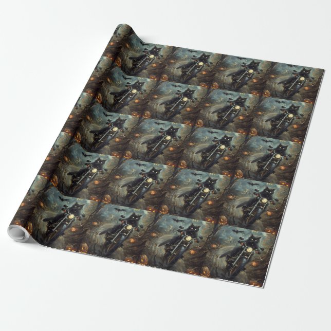 Black Cat Riding Motorcycle Halloween Scary Wrapping Paper (Unrolled)