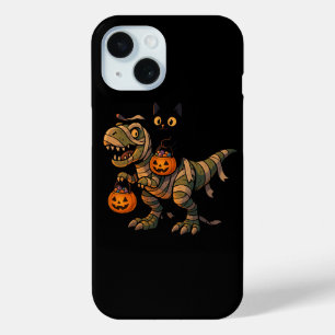 Black Cat Riding Mummy T-Rex – Cute Halloween Dino iPhone 15 Case