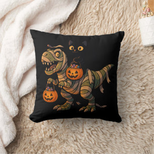 Black Cat Riding Mummy T-Rex – Cute Halloween Dino Cushion