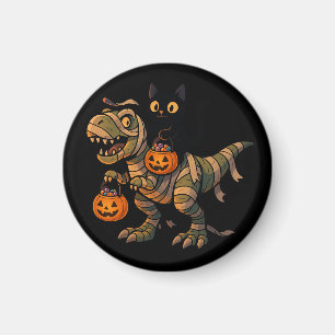 Black Cat Riding Mummy T-Rex – Cute Halloween Dino Magnet