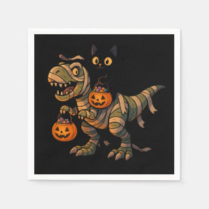 Black Cat Riding Mummy T-Rex – Cute Halloween Dino Napkin