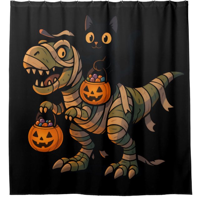 Black Cat Riding Mummy T-Rex – Cute Halloween Dino Shower Curtain (Front)