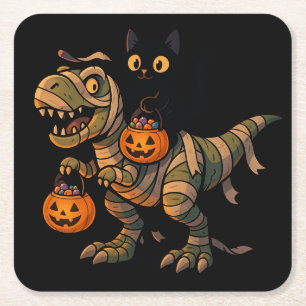 Black Cat Riding Mummy T-Rex – Cute Halloween Dino Square Paper Coaster