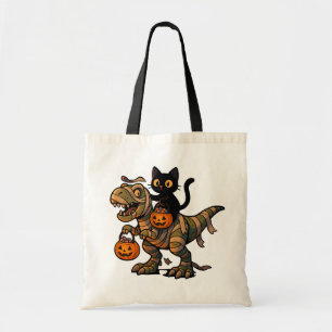 Black Cat Riding Mummy T-Rex – Cute Halloween Dino Tote Bag