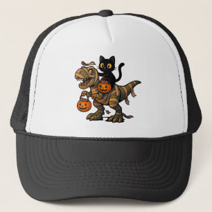 Black Cat Riding Mummy T-Rex – Cute Halloween Dino Trucker Hat