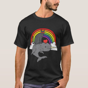 Black Cat Riding Narwhale Rainbow Heart Funny Vale T-Shirt