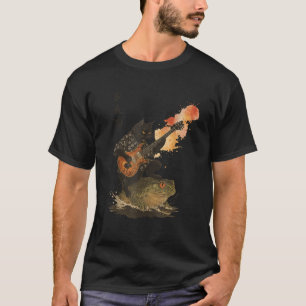 Black Cat Riding On Toad Playing Guitar Print  T-Shirt