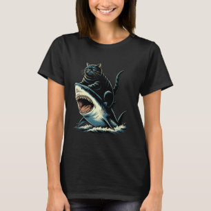 Black Cat Riding Shark Funny Graphic T-Shirt
