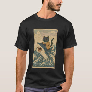 Black Cat Riding Shark Maneki NekoJapenese T-Shirt