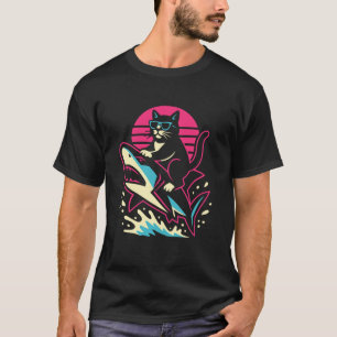 Black Cat Riding Shark Retro Vaporwave T-Shirt