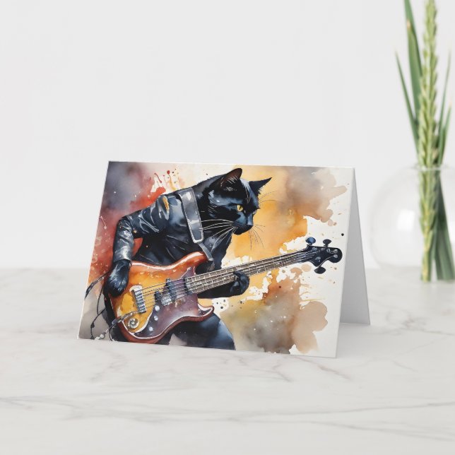 Black Cat Rock Star Leather Jacket Playing Guitar  Card (Front)