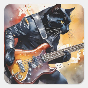 Black Cat Rock Star Leather Jacket Playing Guitar  Square Sticker