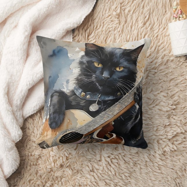 Black Cat Rock Star Playing Acoustic Guitar Cushion (Blanket)