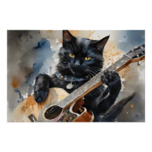 Black Cat Rock Star Playing Acoustic Guitar 