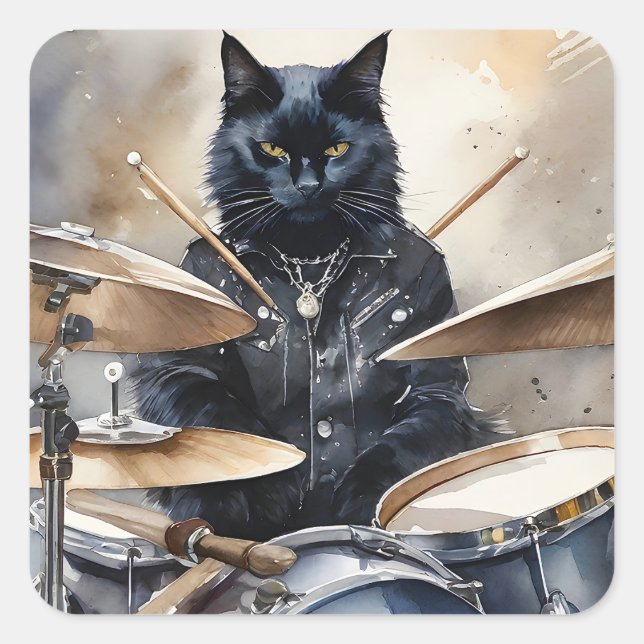 Black Cat Rock Star Playing Drums Leather Jacket  Square Sticker (Front)