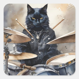 Black Cat Rock Star Playing Drums Leather Jacket  Square Sticker
