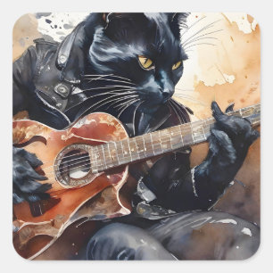 Black Cat Rock Star Playing Guitar Leather Jacket  Square Sticker