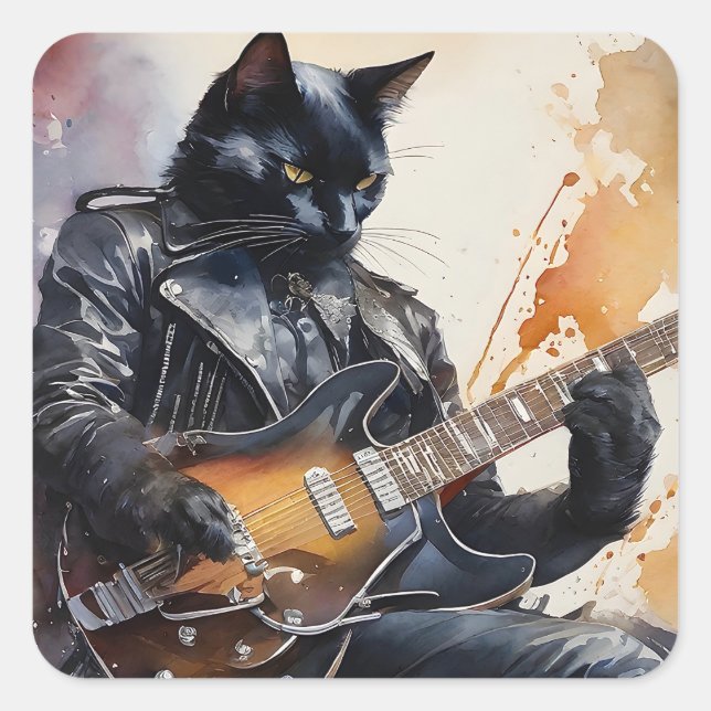 Black Cat Rock Star Playing Guitar Leather Jacket  Square Sticker (Front)
