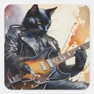 Black Cat Rock Star Playing Guitar Leather Jacket Square Sticker