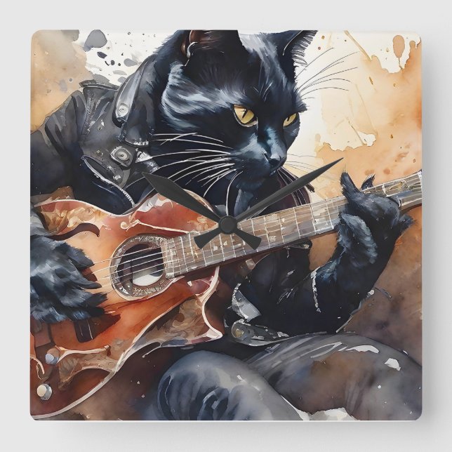 Black Cat Rock Star Playing Guitar Leather Jacket  Square Wall Clock (Front)