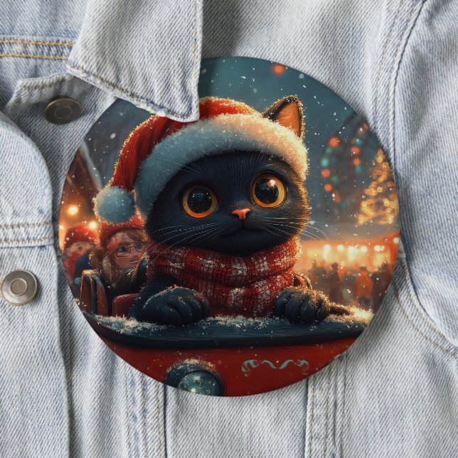 Black Cat Roller Coaster Christmas 6 Cm Round Badge (In Situ)