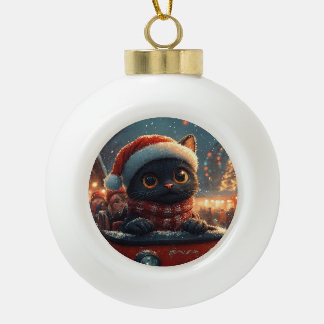 Black Cat Roller Coaster Christmas Ceramic Ball Christmas Ornament (Front)