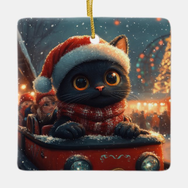 Black Cat Roller Coaster Christmas Ceramic Ornament (Front)