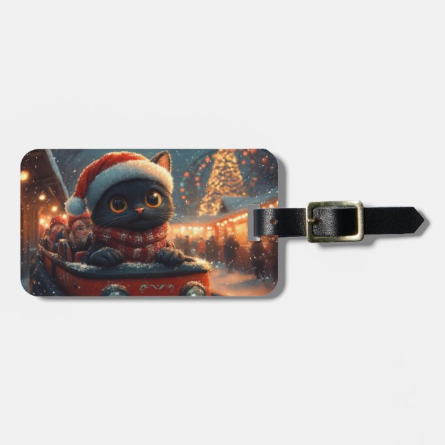 Black Cat Roller Coaster Christmas Luggage Tag (Front Horizontal)