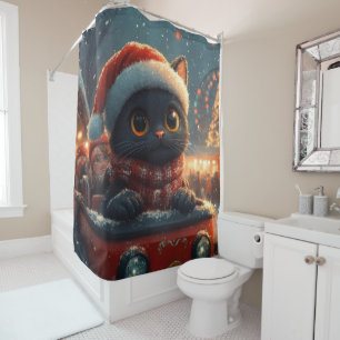 Black Cat Roller Coaster Christmas Shower Curtain
