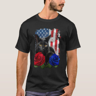 Black Cat Rose American Flag Happy 4th Of July T-Shirt
